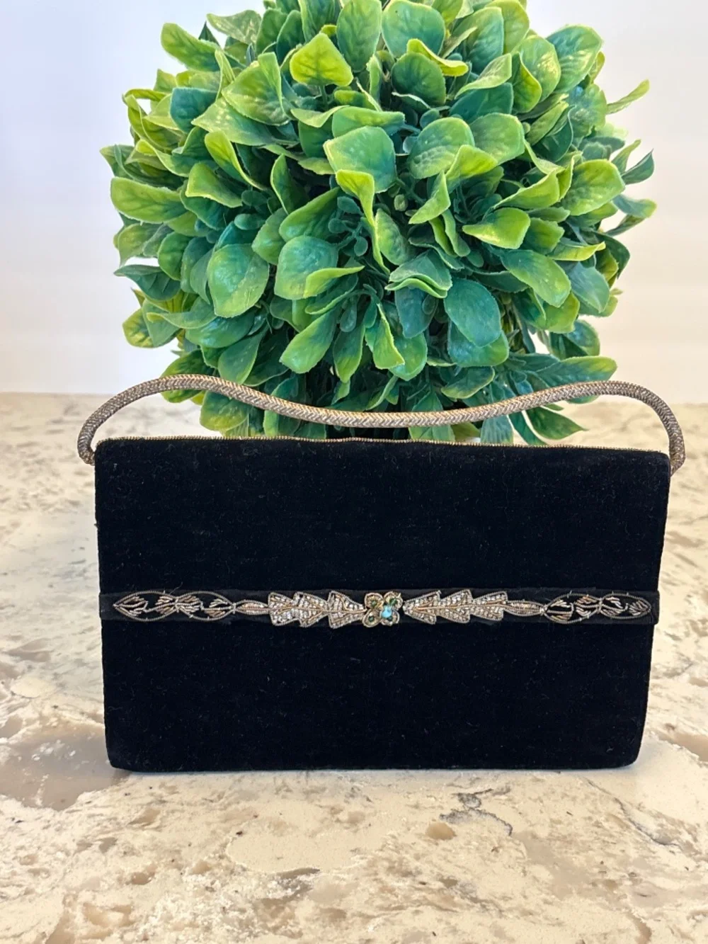 Vintage Black Velvet Evening Clutch Metallic Zardozi Wire Embroidery Floral